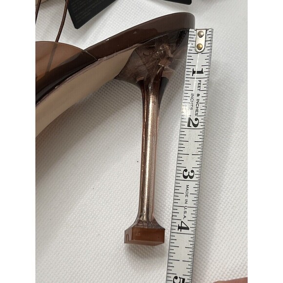 Brown Vinyl Spool Heeled Open Square Toe Slides 8 Transparent Mules x Forever21 - Picture 13 of 15